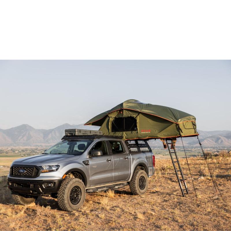 roam-vagabond-rooftop-tent-forest-green-hyper-orange-open-side-view-on-ford-ranger-with-ladder-in-nature