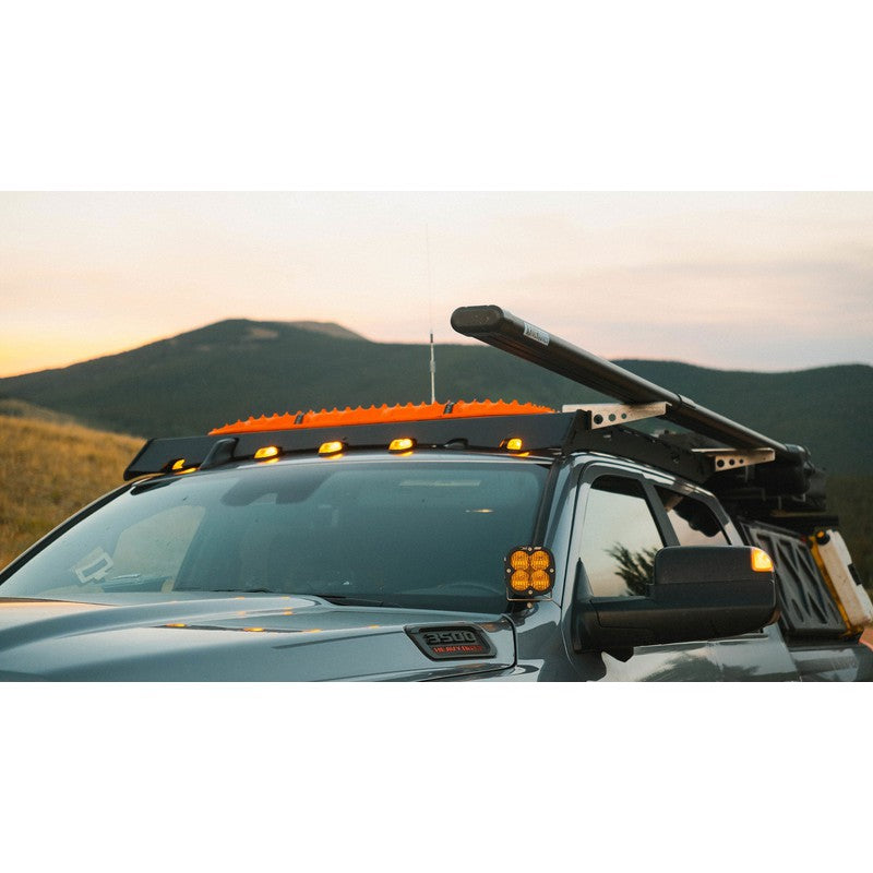 sherpa-diablo-roof-rack-for-2019-2023-ram-2500-3500-4500-5500-mega-cab-front-corner-view-with-fairing-in-nature