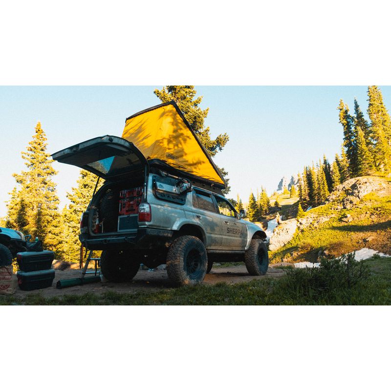 sherpa-matterhorn-roof-rack-for-1996-2002-4runner-rear-corner-view-with-rooftop-tent-in-nature