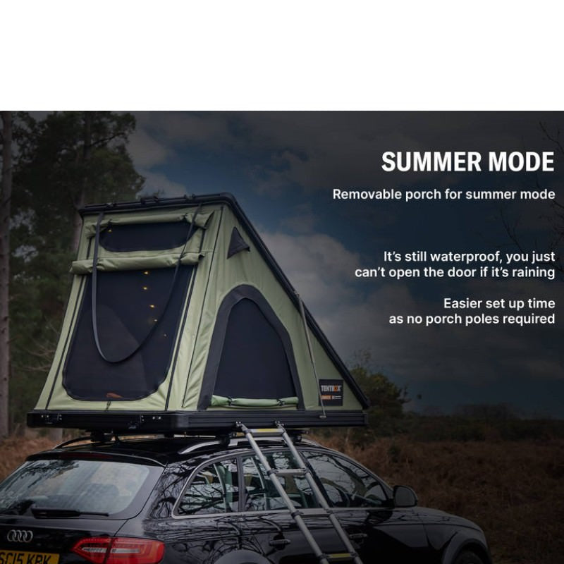 tentbox-cargo-2-hard-shell-roof-top-tent-forest-green-open-front-corner-view-on-audi-a6-with-removable-porch-in-nature