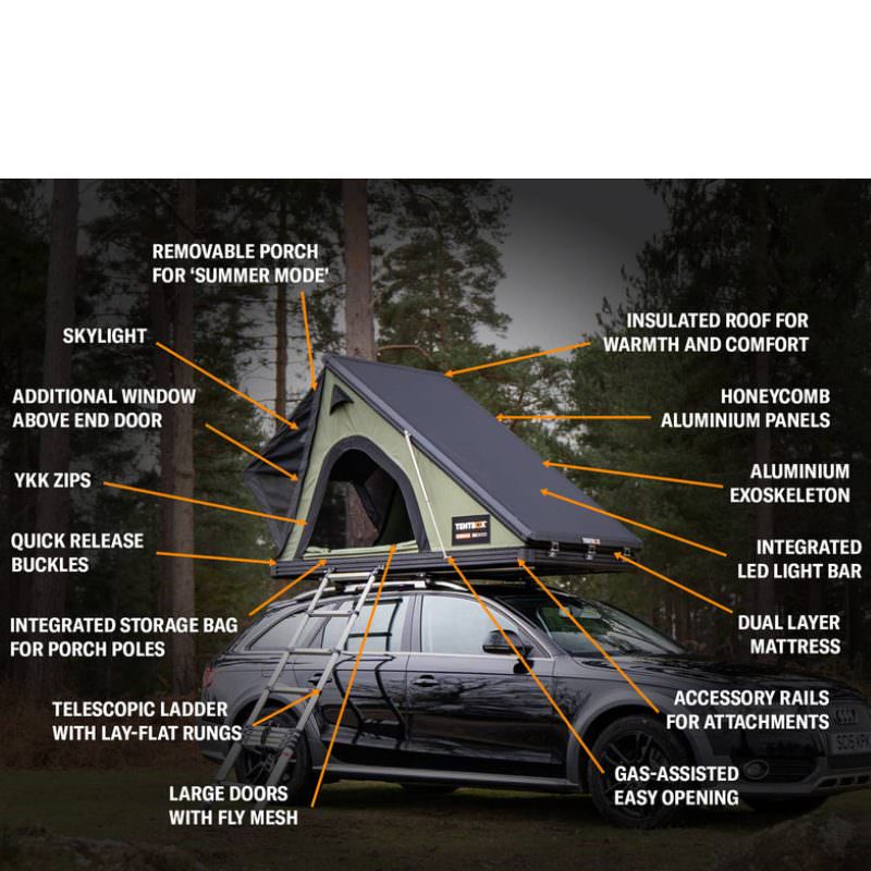 tentbox-cargo-2-hard-shell-roof-top-tent-forest-green-open-rear-corner-view-on-audi-a6-with-exterior-features-in-nature