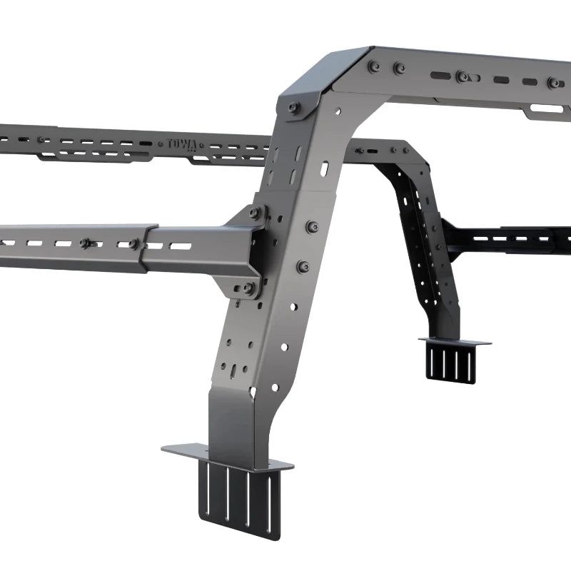 tuwa-pro-nissan-frontier-4cx-series-shiprock-height-adjustable-bed-rack-close-up-view-full-height-on-white-background