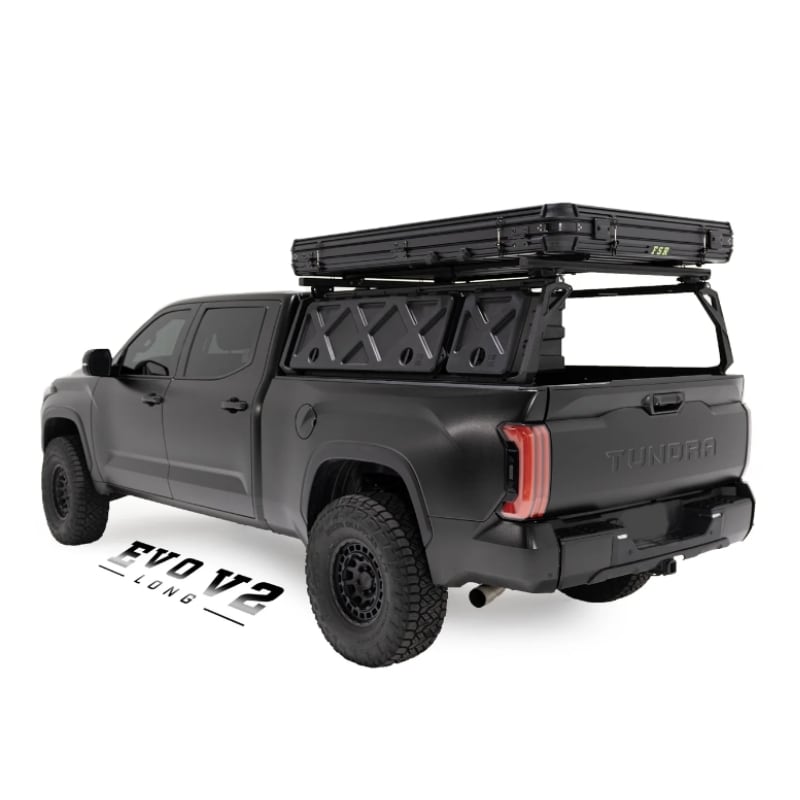 freespirit-recreation-evolution-v2-long-hard-shell-roof-top-tent-black-closed-rear-corner-view-on-toyota-tundra-on-white-background