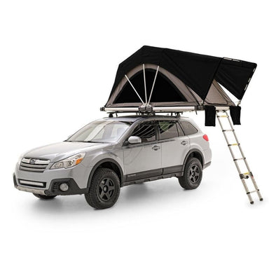 freespirit-recreation-high-country-55-inches-soft-shell-roof-top-tent-black-grey-open-front-corner-view-on-subaru-outback-on-white-background