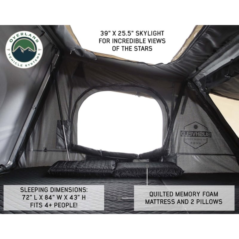 overland-vehicle-systems-bushveld-hard-shell-roof-top-tent-open-inside-view-with-skylight-and-technical-specifications