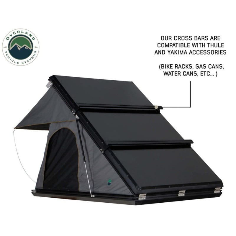 overland-vehicle-systems-mamba-hard-shell-roof-top-tent-open-front-corner-view-cross-bars-compatible-with-yakima-and-thule-accessories