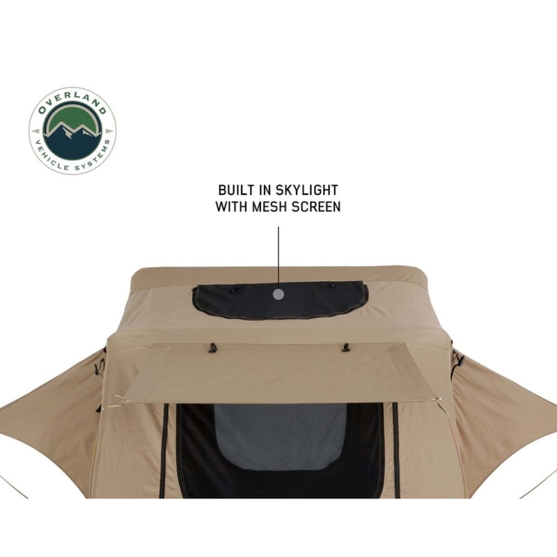 overland-vehicle-systems-tmbk-soft-shell-roof-top-tent-tan-open-front-view-skylight-description