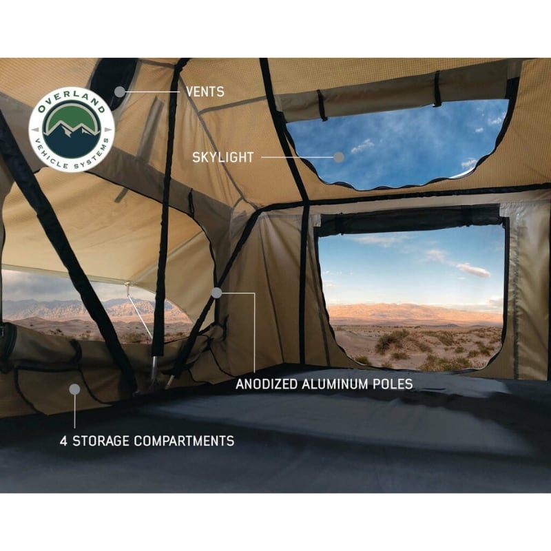 overland-vehicle-systems-tmbk-soft-shell-roof-top-tent-tan-open-interior-view-skylight-vents-and-storage_description