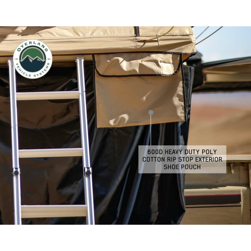 overland-vehicle-systems-tmbk-soft-shell-roof-top-tent-tan-open-side-corner-view-with-shoe-pouch-description
